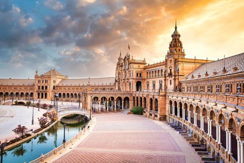 Spain, Seville. Spain Square, a landmark example of the Renaissance Revival style in Spanish
