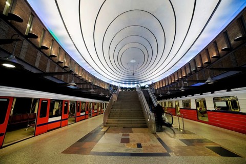 Contemporary design of Warsaw subway platform in Poland