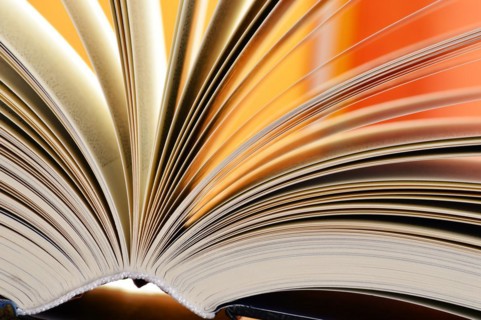 Composition with hardcover books in the library