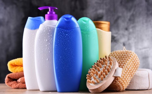 Plastic bottles of body care and beauty products