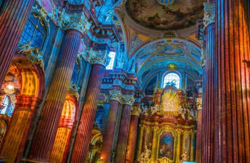 POZNAN, POL - NOV 27, 2018: Interior of Fara, St. Mary's Basilica in Poznan, Poland, Europe