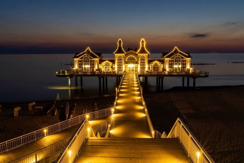Germany - 15 August 2020: view of the Sellin pier on Ruegen Island on the Baltic Sea at sunrise