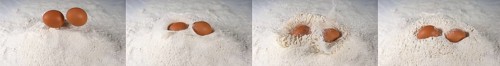 Egg Falling into Flour against White Background