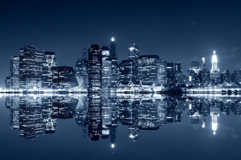 Manhattan at night, New York City. View from Brooklyn