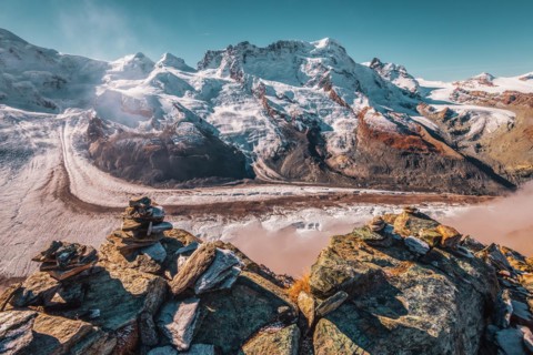 Panoramic view of the Gorner Glacier and Monte Rosa mountain range in Switzerland