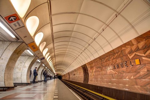 Prague, Czech Republic, March 20, 2017: People waiting for the subway at Andel metro station,