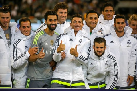 MELBOURNE, AUSTRALIA, JULY 24: Cristiano Ronaldo and team mates celebrate winning the 2015