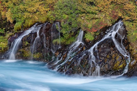Waterfall Hraunfossar, river Hvita, Iceland, Europe