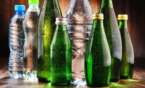 Composition with different sorts of bottles containing mineral water