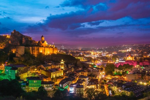 Panoramic view of Tbilisi, Georgia after sunset