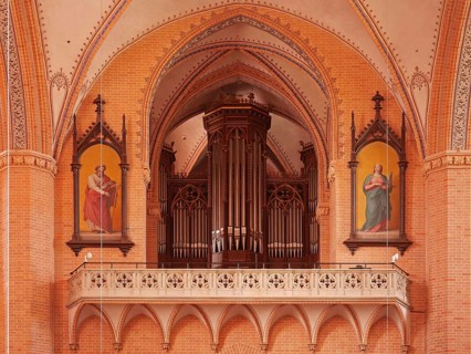 View of the gallery and organ in the church of St Bartholomäi Demmin. Mecklenburg-Western