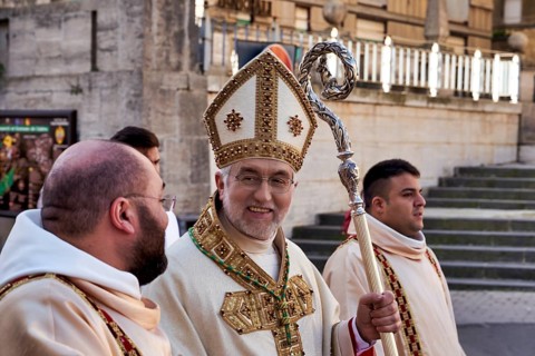 Religious procession to the cathedral of Caltagirone. Sicily Italy. The archbishop of Caltagirone