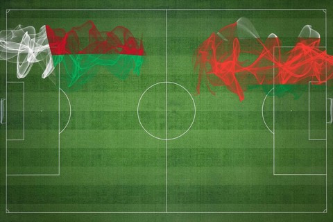 Madagascar vs Oman Soccer Match, national colors, national flags, soccer field, football game,