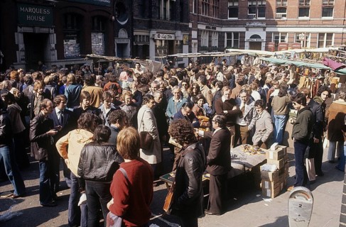 London 1982. A London street view and Portobello road where people are seen walking and shopping