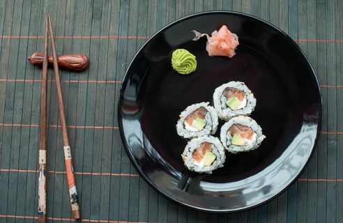 Plate of sushi in restaurant