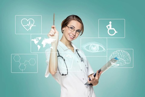 Young female doctor in uniform touch hexagon with icons over gray background. Elements of this
