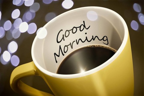 A yellow cup of coffee with surprise text Good Morning 3d illustration