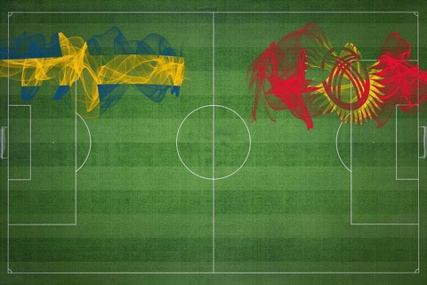 Sweden vs Kyrgyzstan Soccer Match, national colors, national flags, soccer field, football game,