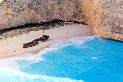 Stranded ship on the island of Zakynthos, Greece, wreck, shipwreck, beach, bay, rocks, Ionian Sea,