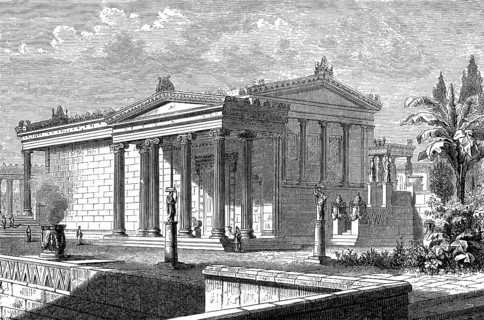 Reconstruction of the Erechtheion or Erechtheum, an ancient Greek temple on the north side of the