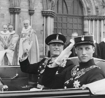 King Harald of Norway. Pictured with his father King Olav V on the day of his coronation becoming