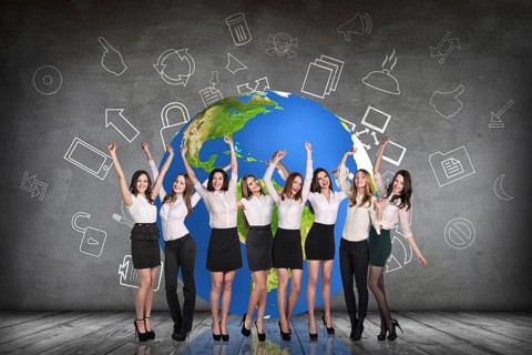 Businesspeople in the gray room and big earth behind . Elements of this image furnished by NASA
