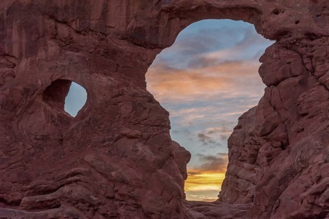 Sunset over Turret Arch in the Arches National Park, USA, North America