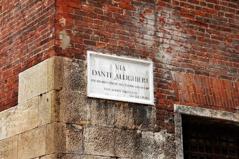 Street name sign Via Dante Allighieri in Verona, Italy, Europe