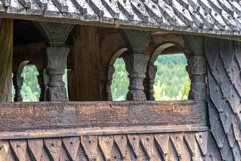 Historic wooden stave church in Eidsborg in Norway. Historic stave church in summertime in Norway
