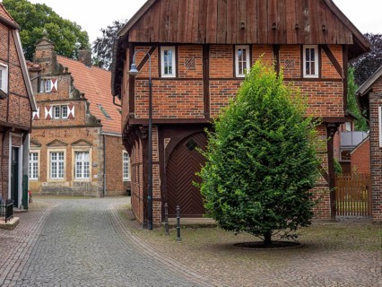 Narrow cobbled alley with charming brick houses, Legden, münsterland, germany