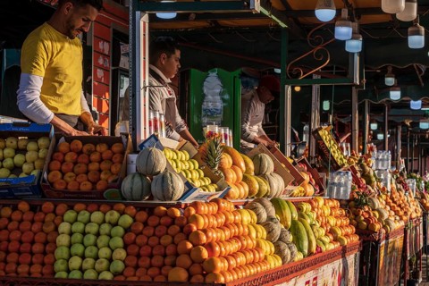 Fruit smoothie stall, Djemaa el Fna square, Intangible Cultural Heritage of Humanity, marrakesh,