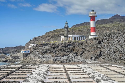 Sea salt extraction, Fuencaliente salt works, Faro de Fuencaliente lighthouses, La Palma, Spain,