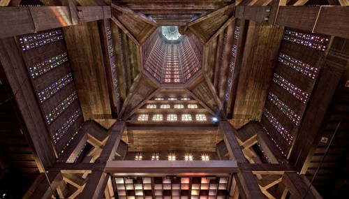 Interior view of the tower from above, coloured glass window by Marguerite Huré, St., Sankt, Saint