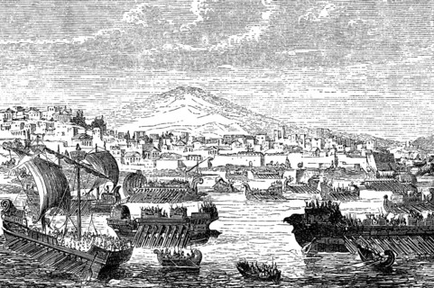 The Athenian fleet attacking Syracuse in Sicily, 415 BC, Peloponnesian War