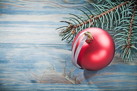 Pine branch red shining bauble on wooden board celebrations concept