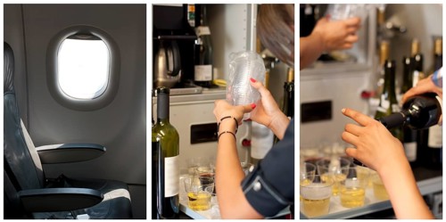 Passenger seat in an airplane. Stewardess poured drinks. Tree images