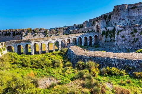 Venetian fort castle Methoni on the Greek Peninsula Peloponnese. The picturesque ancient viaduct