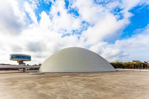 Picturesque town in Asturias. Niemeyer Center. The complex consists of several futuristic buildings