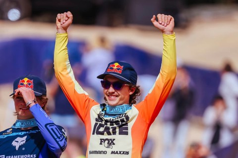 MAYDENA, AUSTRALIA - FEBRUARY 08: Jackson GOLDSTONE of Canada celebrates winning Red Bull Hardline