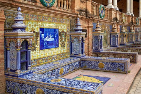 Seville Sevilla Plaza de Espana provincial bench Andalusia Spain square