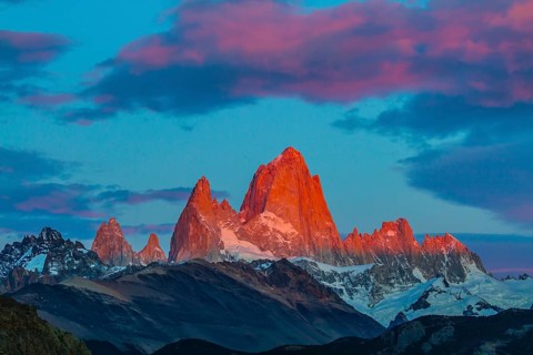Amazing Patagonia in February. Sharp tops fantastically beautiful cliffs Fitz Roy crimson light