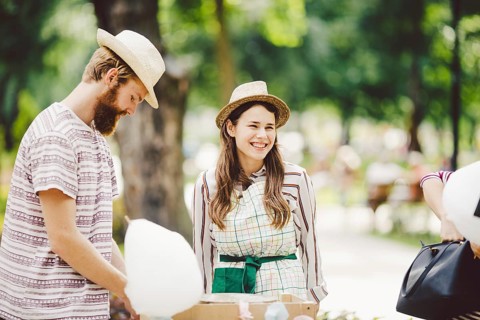 Theme is a family small business cooking sweets. A pair of lovers A young man and woman trader in