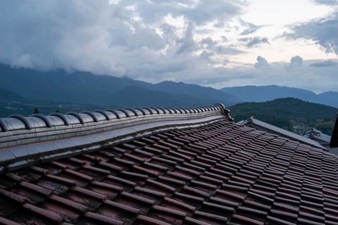 View of the sunset over the rooftops, Magome, Gifu, Japan, Asia