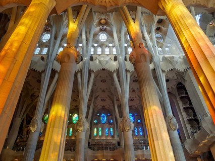 Columns and windows of the La Sagrada Familia, Barcelona, Catalonia, Spain, 10 October 2014, Europe