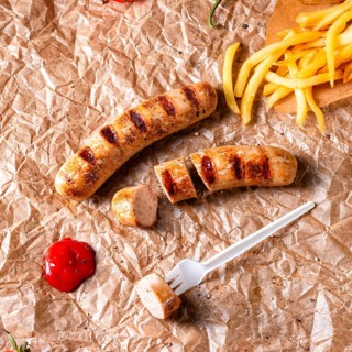 Rustic bratwurst with pommes and hot ketchup