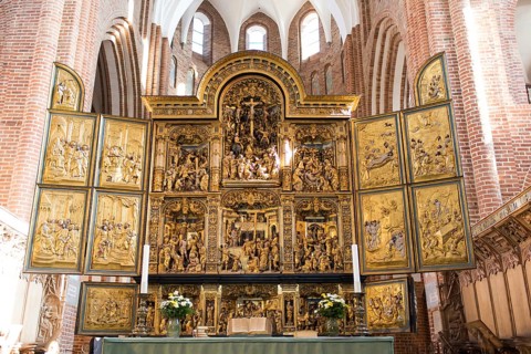 Altar of Roskilde Cathedral in Denmark in sunlight, Roskilde, Denmark, Europe