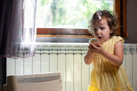 Little girl in a dusty room. Air purifier and coughing kid. Dust in the air. Allergy concept