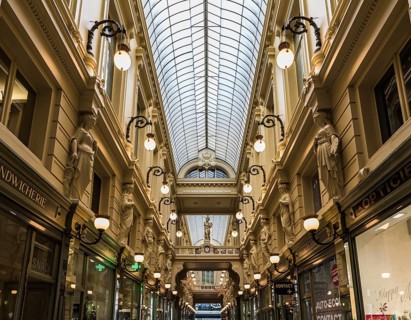 Brussels, Belgium, 12 18 2018: The decorated art and shopping mall called Passage du Nord in