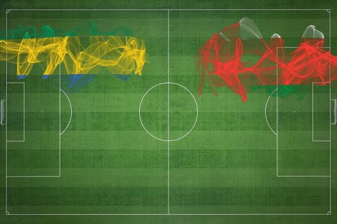 Gabon vs Oman Soccer Match, national colors, national flags, soccer field, football game,