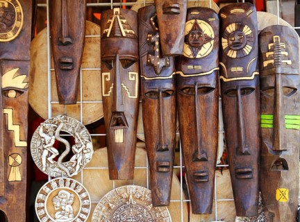 Aztec mayan wooden Mexican indian mask handcrafts in rows